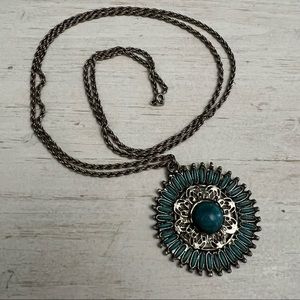 Faux Petit Point Turquoise Pendant on Silver Tone Chain Artisan Necklace